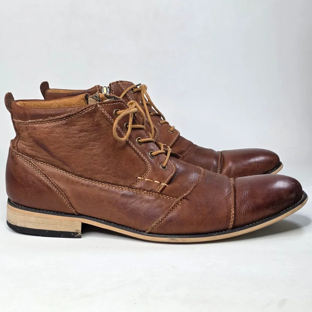 Kunsto Boots Men's Size 12 Tan Leather Cap Toe Side Zip Arch Support Shoes
